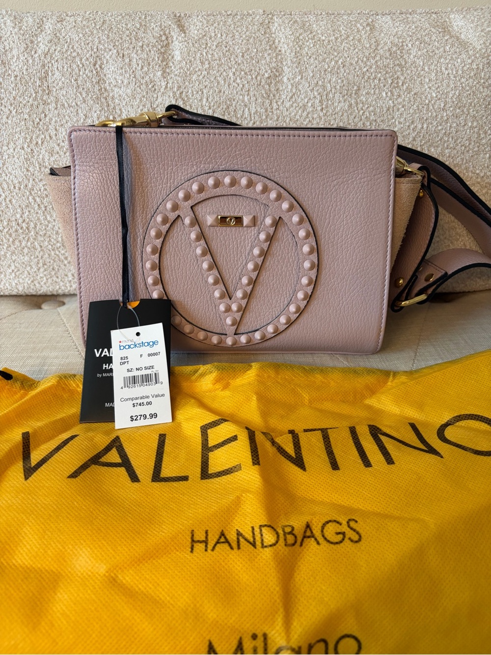 Mario Valentino Dusty Pink Pebbled Leather Studded V Crossbody Bag